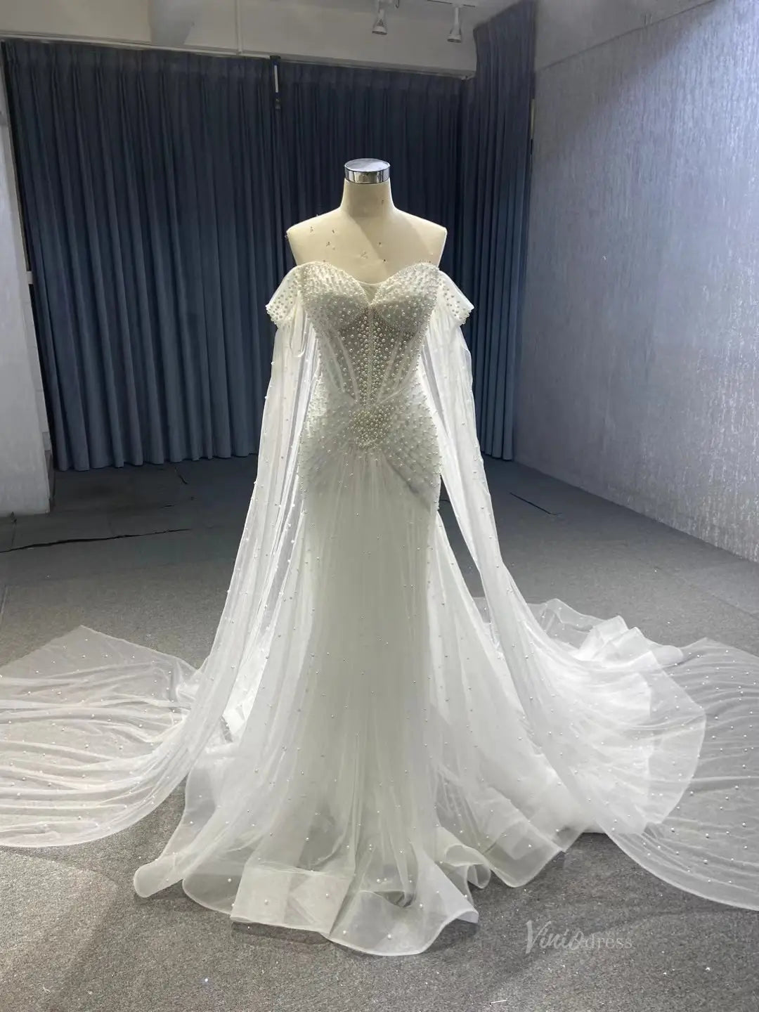 Sheer Pearl Wedding Dresses Cape Sleeves 67544-wedding dresses 2025 -Viniodress-Ivory-Custom Size-