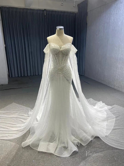 Sheer Pearl Wedding Dresses Cape Sleeves 67544-wedding dresses 2025 -Viniodress-Ivory-Custom Size-