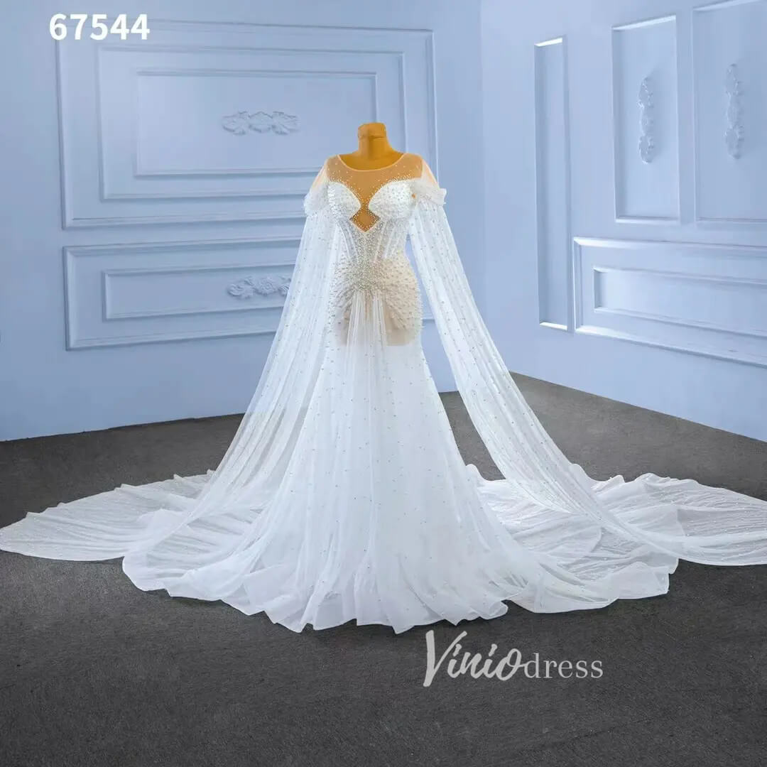 Sheer Pearl Wedding Dresses Cape Sleeves 67544-wedding dresses-Viniodress-Viniodress