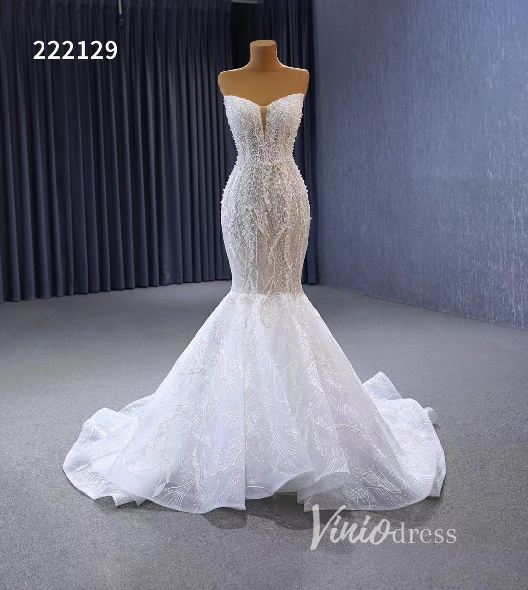 Sheer Pearl Wedding Dresses Mermaid Strapless Bridal Dress 222129-wedding dresses 2025 -Viniodress-Ivory-Custom Size-