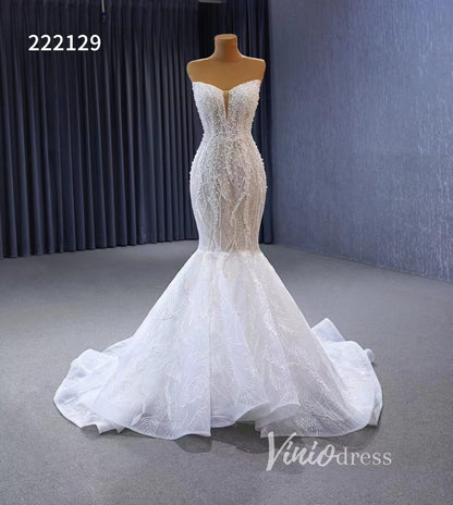 Sheer Pearl Wedding Dresses Mermaid Strapless Bridal Dress 222129-wedding dresses 2025 -Viniodress-Ivory-Custom Size-