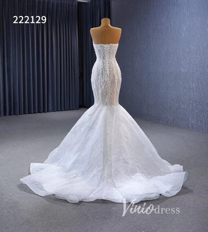 Sheer Pearl Wedding Dresses Mermaid Strapless Bridal Dress 222129-wedding dresses 2025 -Viniodress-Ivory-Custom Size-