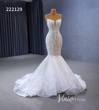Sheer Pearl Wedding Dresses Mermaid Strapless Bridal Dress 222129-wedding dresses 2025 -Viniodress-Ivory-Custom Size-