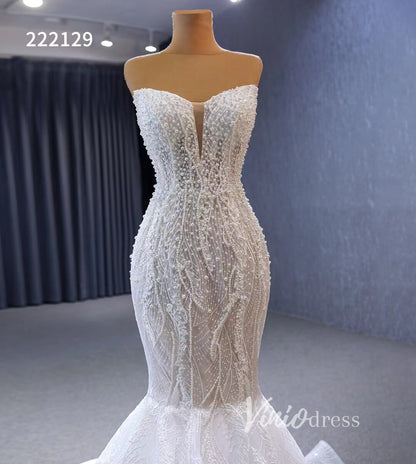 Sheer Pearl Wedding Dresses Mermaid Strapless Bridal Dress 222129-wedding dresses 2025 -Viniodress-Ivory-Custom Size-