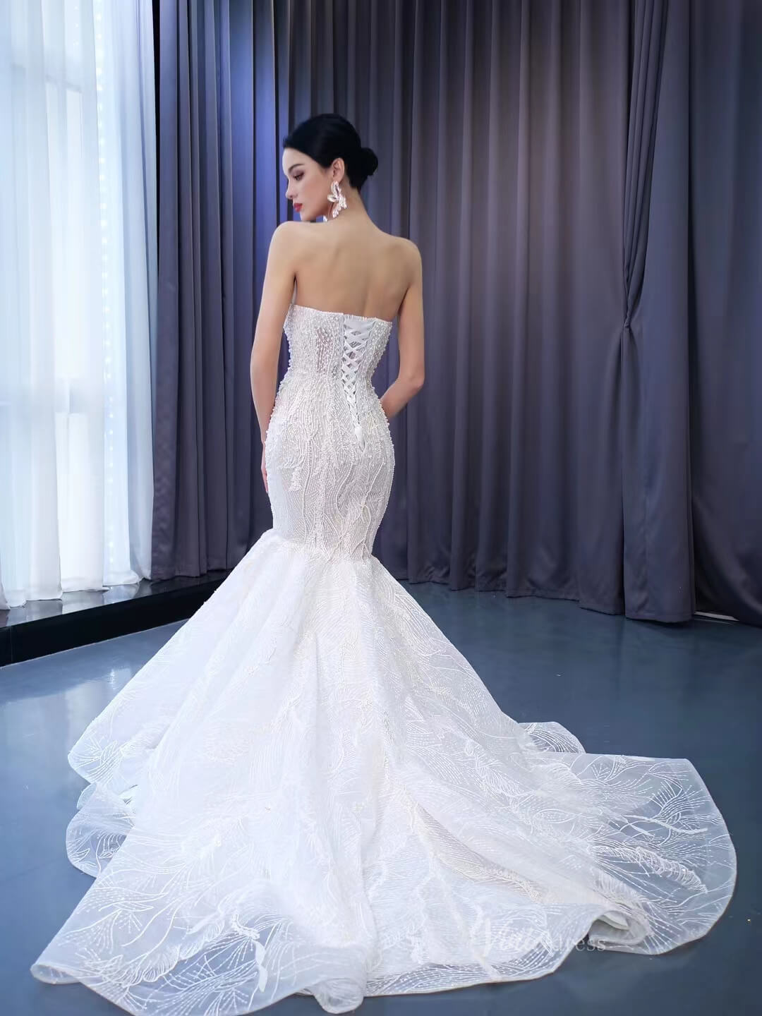 Sheer Pearl Wedding Dresses Mermaid Strapless Bridal Dress 222129-wedding dresses 2025 -Viniodress-Ivory-Custom Size-
