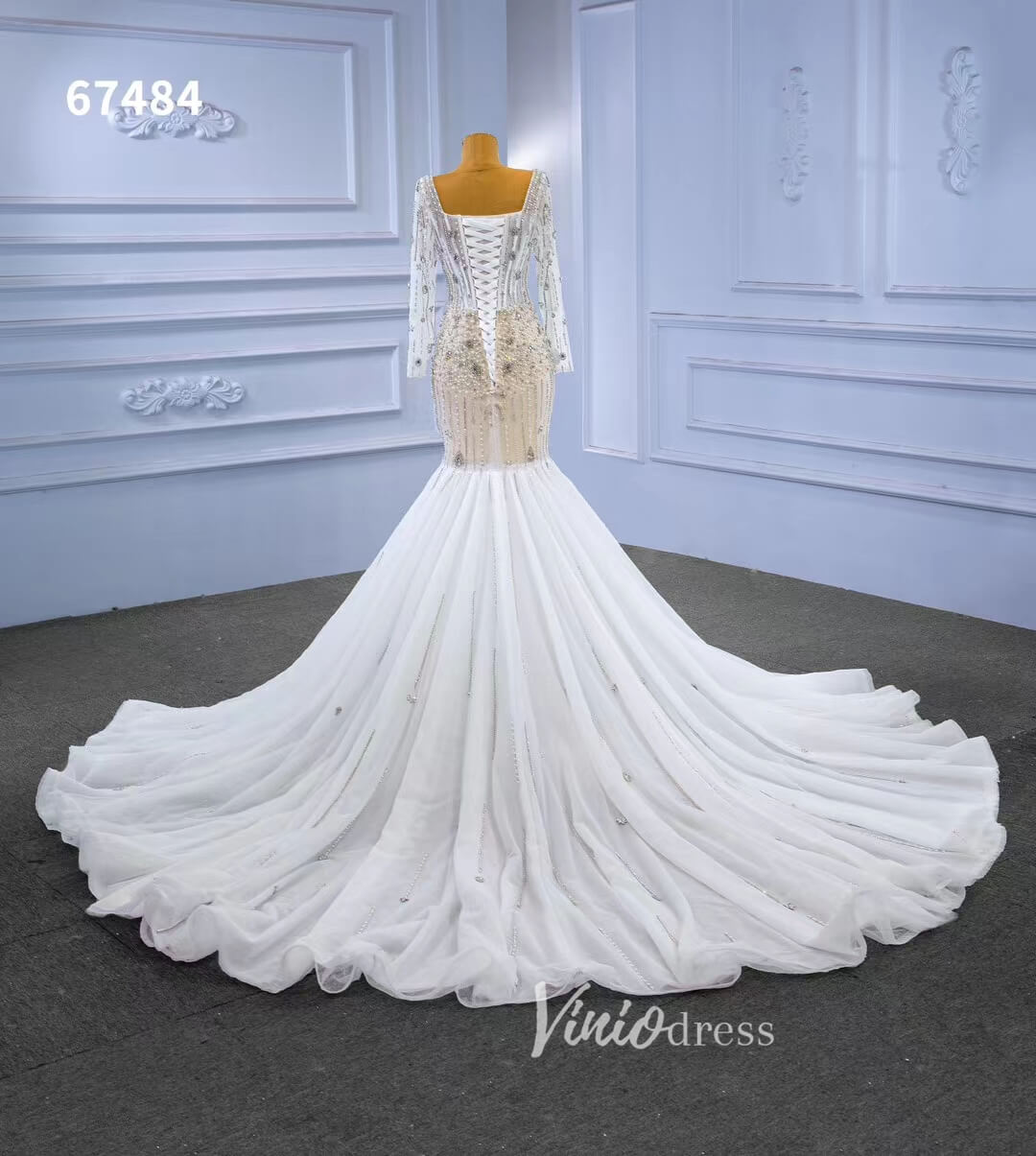Sheer Pearl Wedding Dresses Sheath Long Sleeve Bridal Dress 67484-wedding dresses 2025 -Viniodress-Ivory-Custom Size-