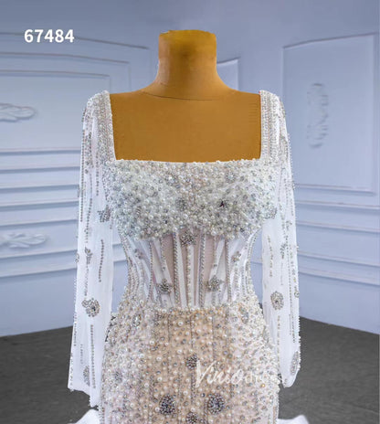 Sheer Pearl Wedding Dresses Sheath Long Sleeve Bridal Dress 67484-wedding dresses 2025 -Viniodress-Ivory-Custom Size-