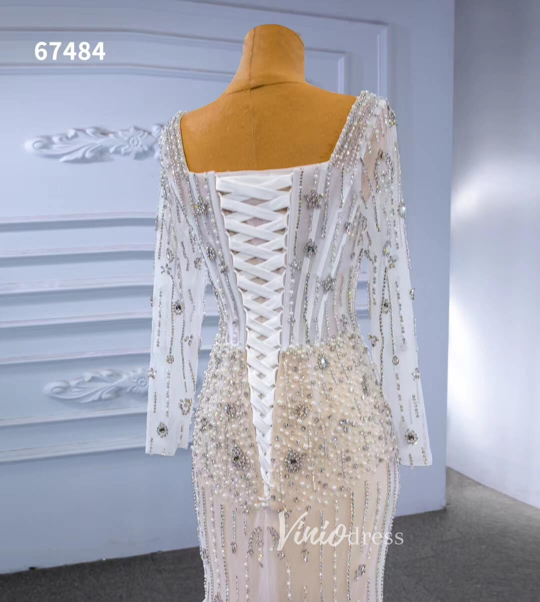 Sheer Pearl Wedding Dresses Sheath Long Sleeve Bridal Dress 67484-wedding dresses 2025 -Viniodress-Ivory-Custom Size-