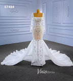 Sheer Pearl Wedding Dresses Sheath Long Sleeve Bridal Dress 67484