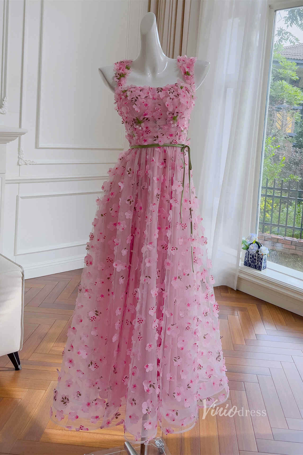 Sheer Pink Floral Lace Prom Dresses Wide Strap Square Neck Maxi Dress FD4017 - Viniodressprom dressesPinkCustom Size - Formal Dresses - Ball Gowns