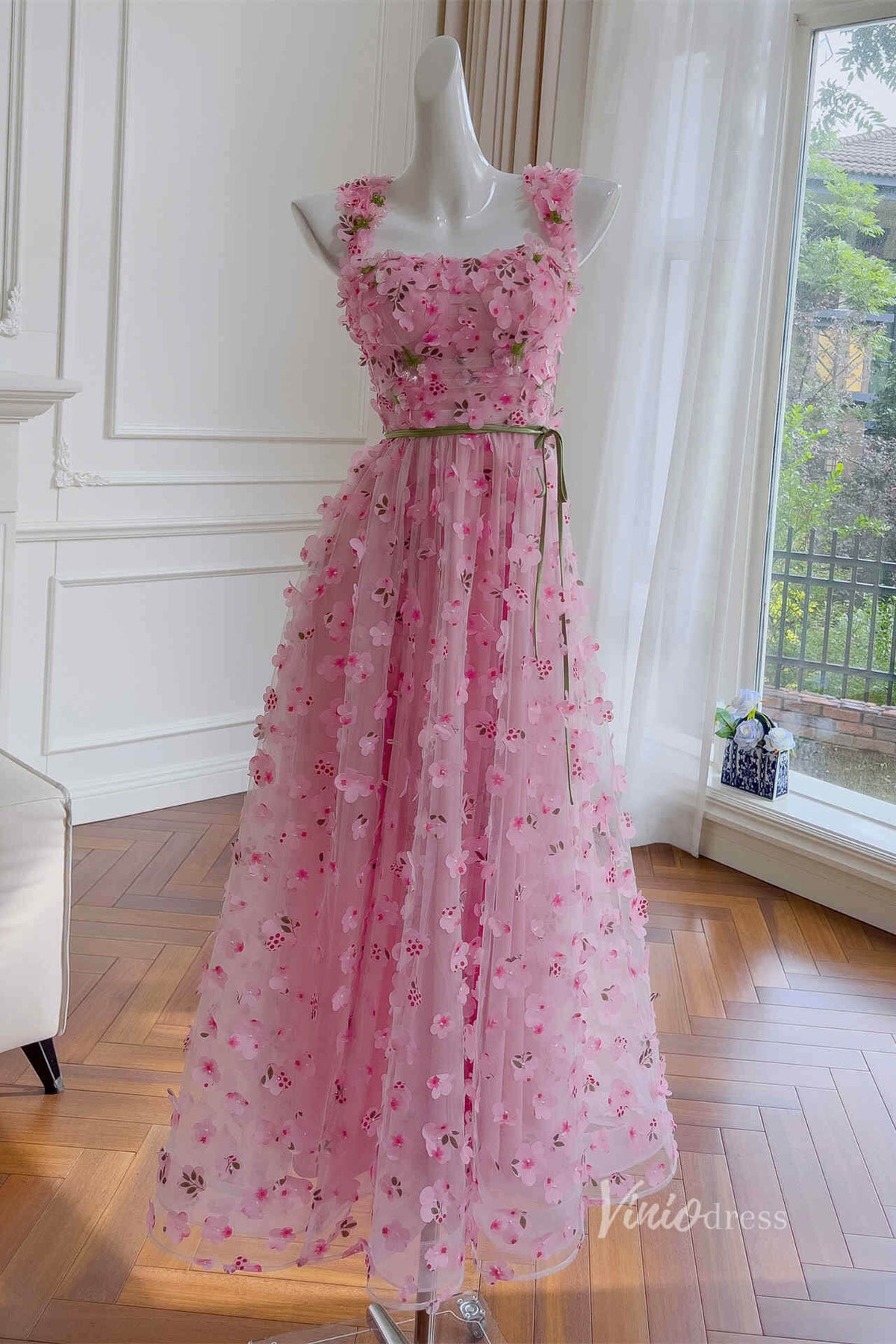 Sheer Pink Floral Lace Prom Dresses Wide Strap Square Neck Maxi Dress FD4017-prom dresses-Viniodress-Pink-Custom Size-Viniodress