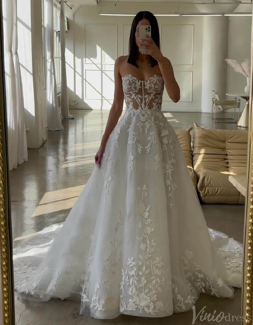 Sheer Strapless Lace Applique Wedding Dresses Chapel Train Country Bridal Gown AW1030-wedding dresses 2025 -Viniodress-Ivory-Custom Size-