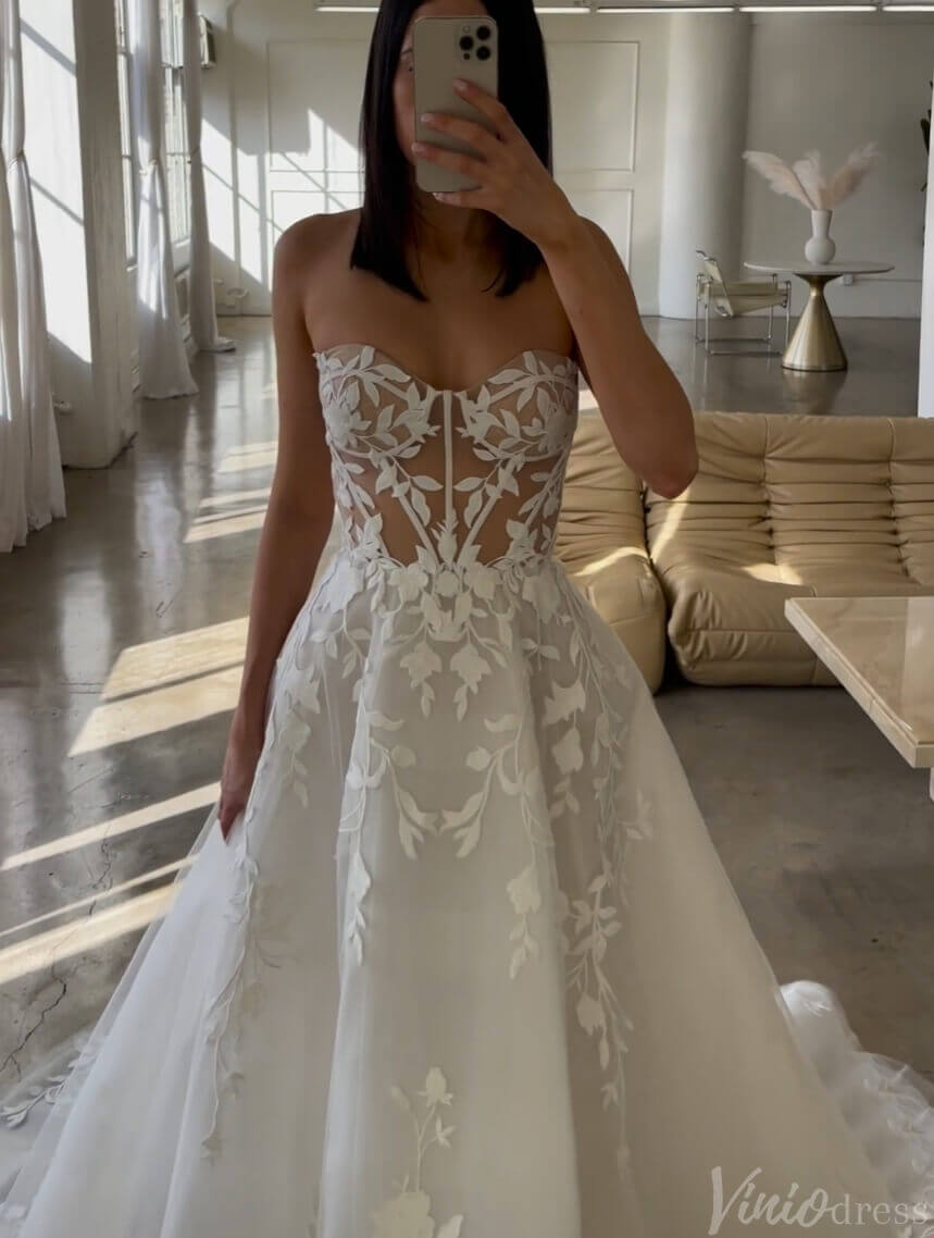 Sheer Strapless Lace Applique Wedding Dresses Chapel Train Country Bridal Gown AW1030-wedding dresses 2025 -Viniodress-Ivory-Custom Size-