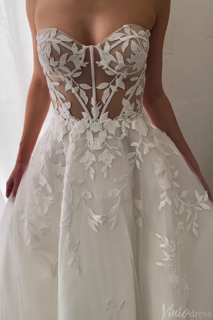 Sheer Strapless Lace Applique Wedding Dresses Chapel Train Country Bridal Gown AW1030-wedding dresses 2025 -Viniodress-Ivory-Custom Size-