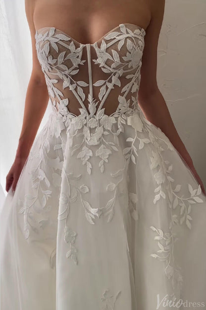 Sheer Strapless Lace Applique Wedding Dresses Chapel Train Country Bridal Gown AW1030-wedding dresses 2025 -Viniodress-Ivory-Custom Size-