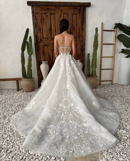 Sheer Strapless Lace Applique Wedding Dresses Chapel Train Country Bridal Gown AW1030-wedding dresses 2025 -Viniodress-Ivory-Custom Size-
