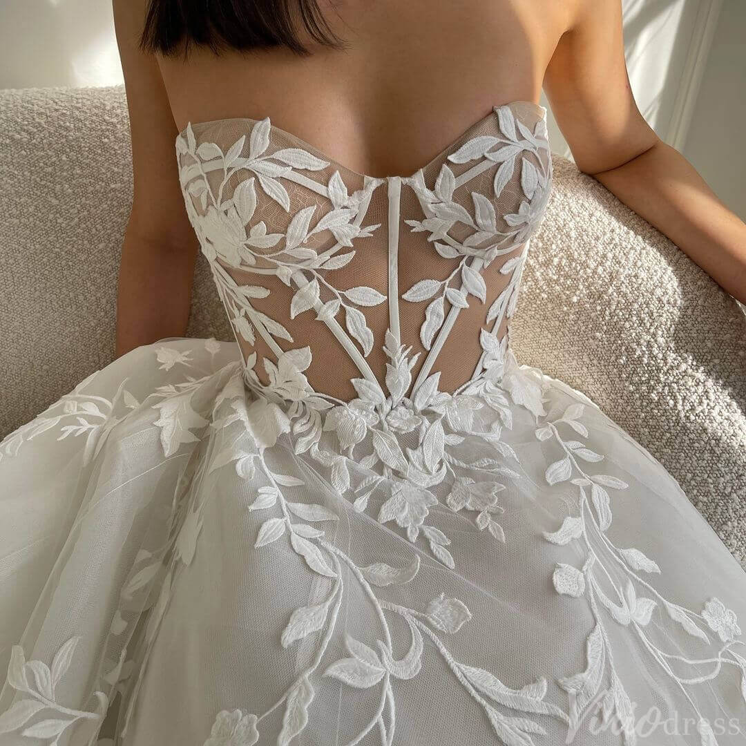 Sheer Strapless Lace Applique Wedding Dresses Chapel Train Country Bridal Gown AW1030-wedding dresses-Viniodress