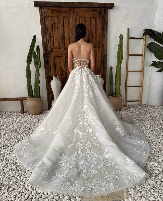 Sheer Strapless Lace Applique Wedding Dresses Chapel Train Country Bridal Gown AW1030 - Viniodresswedding dressesIvoryCustom Size - Formal Dresses - Ball Gowns