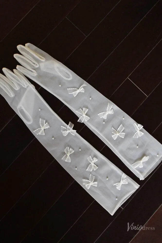 Sheer Tulle Bridal Gloves with Lace Bows & Pearls WG174-Bridal Gloves 2026-Viniodress-Ivory-