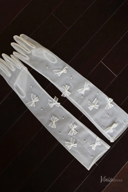 Sheer Tulle Bridal Gloves with Lace Bows & Pearls WG174-Bridal Gloves 2026-Viniodress-Ivory-