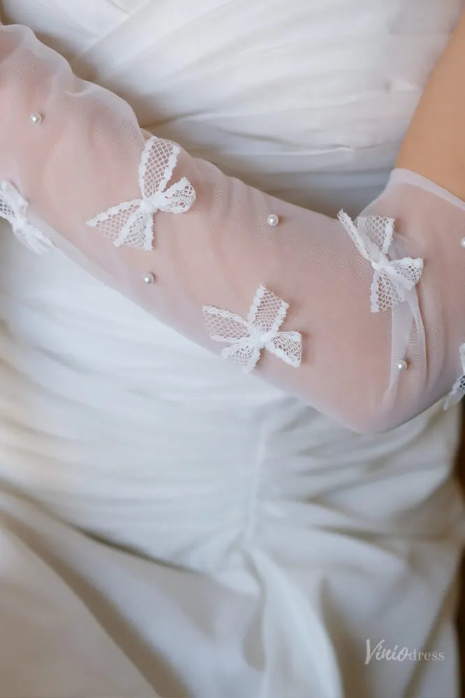 Sheer Tulle Bridal Gloves with Lace Bows & Pearls WG174-Bridal Gloves 2026-Viniodress-Ivory-
