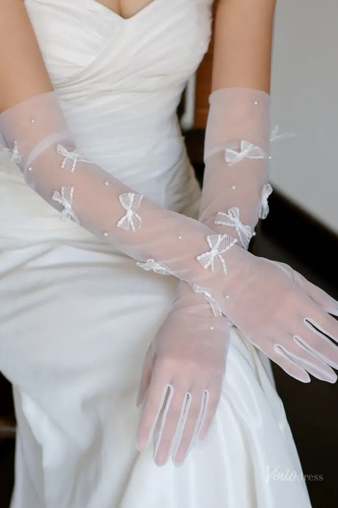 Sheer Tulle Bridal Gloves with Lace Bows & Pearls WG174-Bridal Gloves 2026-Viniodress-Ivory-