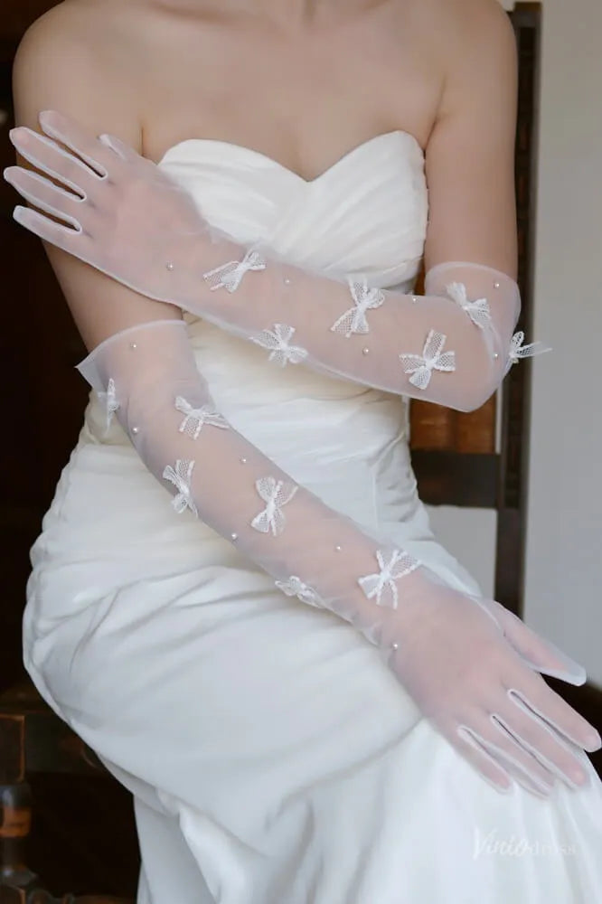 Sheer Tulle Bridal Gloves with Lace Bows & Pearls WG174-Bridal Gloves 2026-Viniodress-Ivory-
