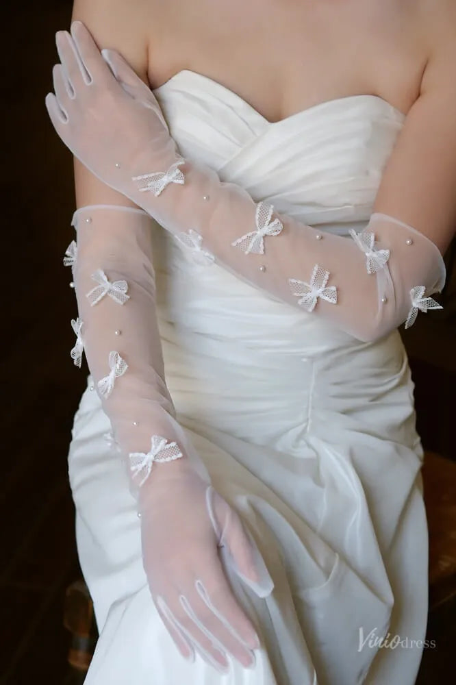 Sheer Tulle Bridal Gloves with Lace Bows & Pearls WG174-Bridal Gloves 2026-Viniodress-Ivory-