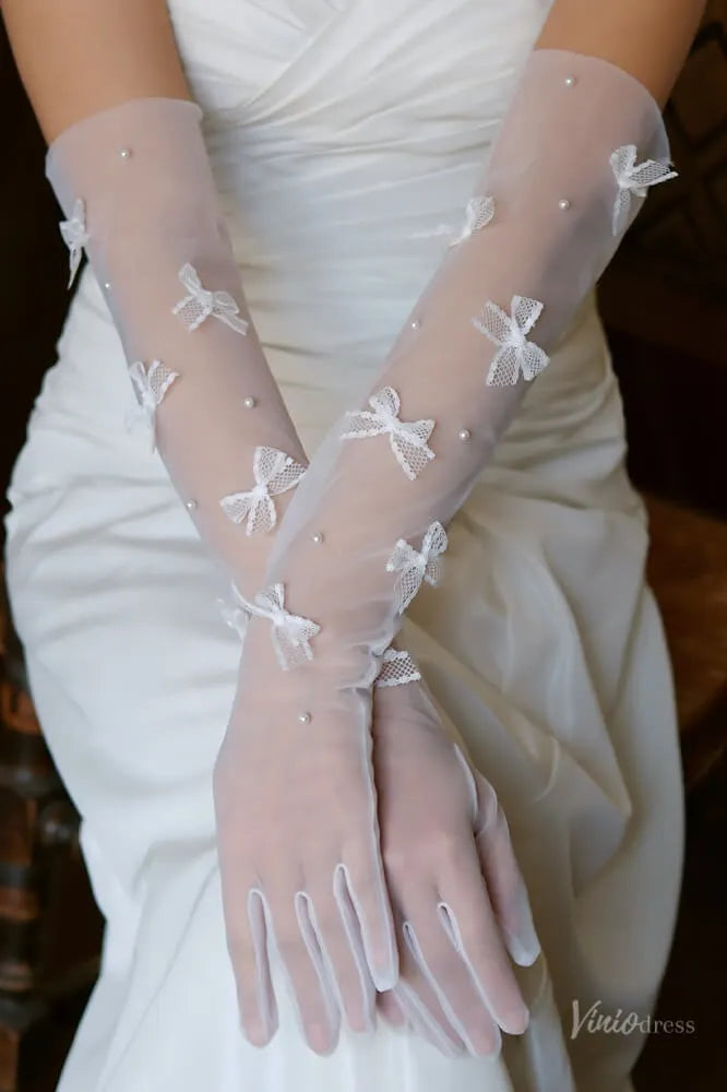 Sheer Tulle Bridal Gloves with Lace Bows & Pearls WG174-Bridal Gloves 2026-Viniodress-Ivory-