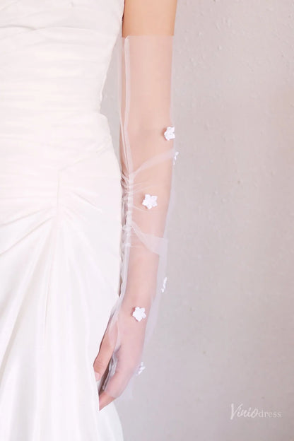 Sheer Tulle Fingerless Bridal Gloves with Flowers WG172-Bridal Gloves 2026-Viniodress-Ivory-