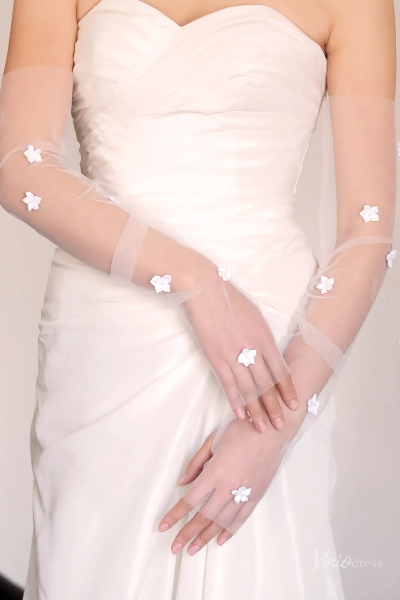 Sheer Tulle Fingerless Bridal Gloves with Flowers WG172-Bridal Gloves 2026-Viniodress-Ivory-