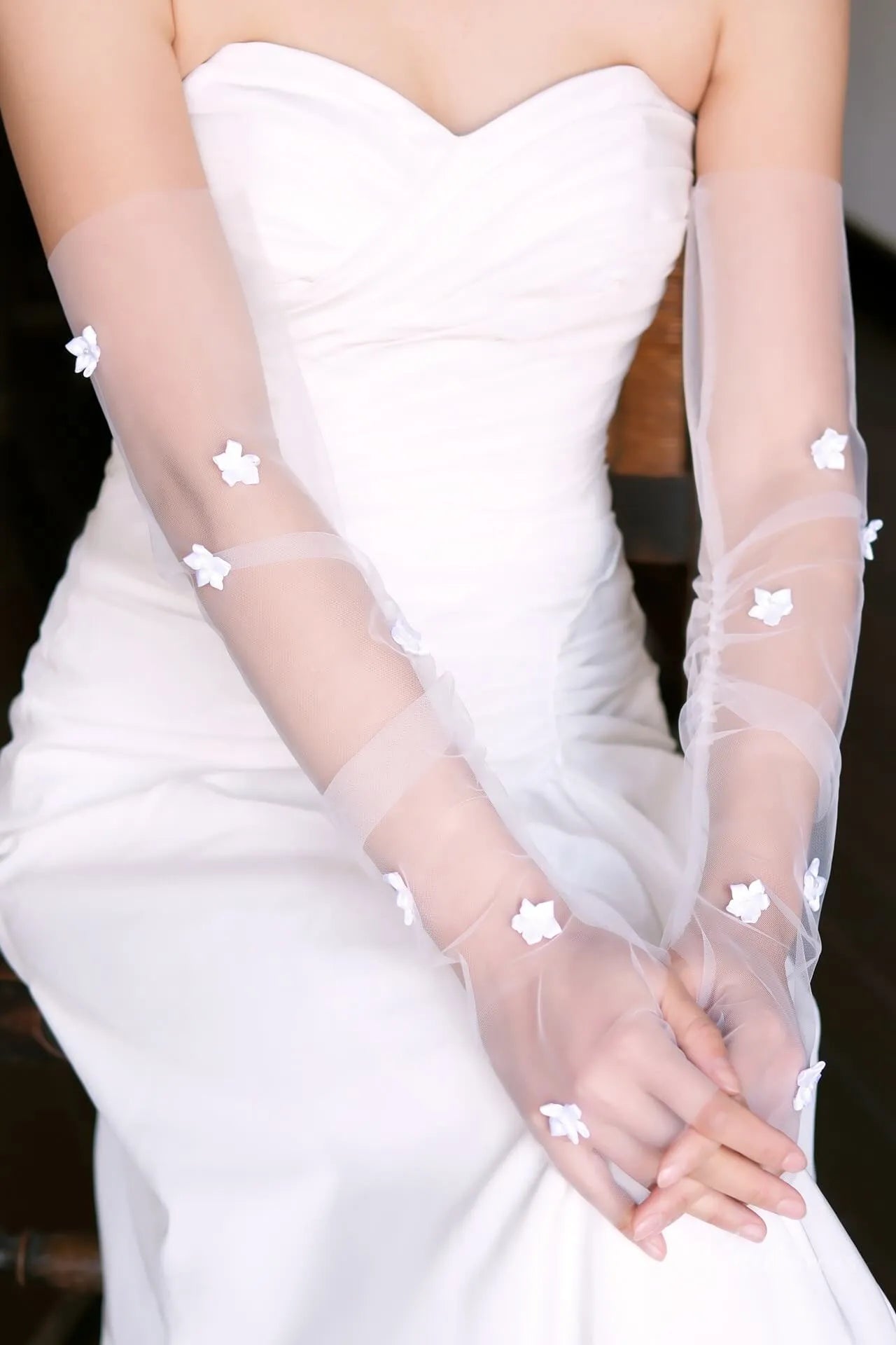 Sheer Tulle Fingerless Bridal Gloves with Flowers WG172-Bridal Gloves 2026-Viniodress-Ivory-