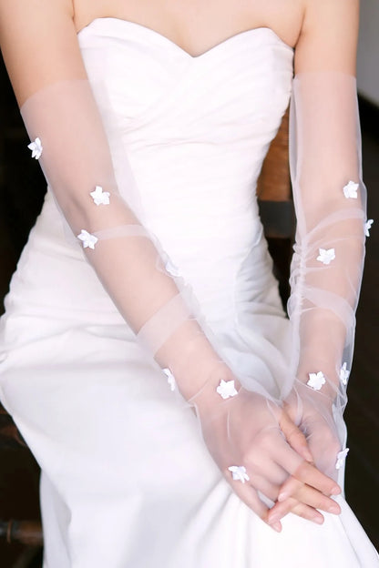 Sheer Tulle Fingerless Bridal Gloves with Flowers WG172-Bridal Gloves 2026-Viniodress-Ivory-
