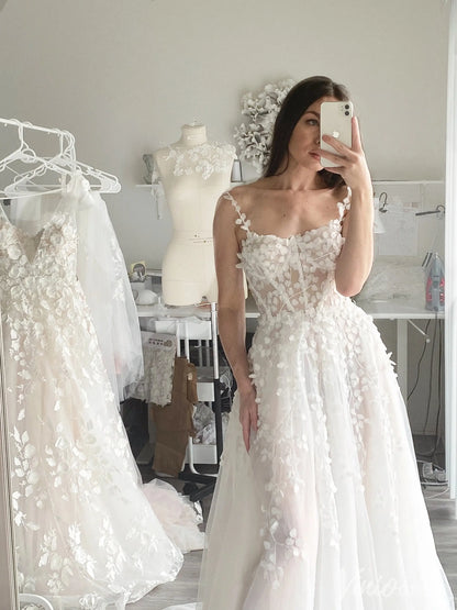 Sheer Tulle Wedding Dress with 3D Leaf Appliqué and Corset Lace-Up Back – VW2520-wedding dresses 2025 -Viniodress-Ivory-Custom Size-