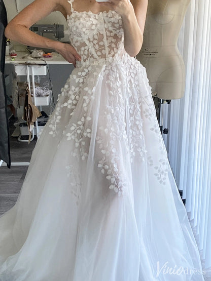 Sheer Tulle Wedding Dress with 3D Leaf Appliqué and Corset Lace-Up Back – VW2520-wedding dresses 2025 -Viniodress-Ivory-Custom Size-