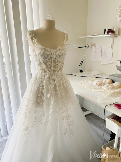 Sheer Tulle Wedding Dress with 3D Leaf Appliqué and Corset Lace-Up Back – VW2520-wedding dresses 2025 -Viniodress-Ivory-Custom Size-