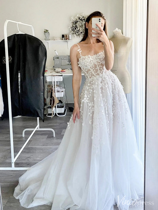 Sheer Tulle Wedding Dress with 3D Leaf Appliqué and Corset Lace-Up Back – VW2520-wedding dresses 2025 -Viniodress-Ivory-Custom Size-