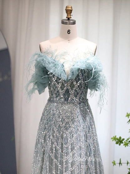 Shimmer Beaded Lace Prom Dresses Off the Shoulder Evening Dress 20082-Evening Dresses 2025 -Viniodress-Light Green-US 2-