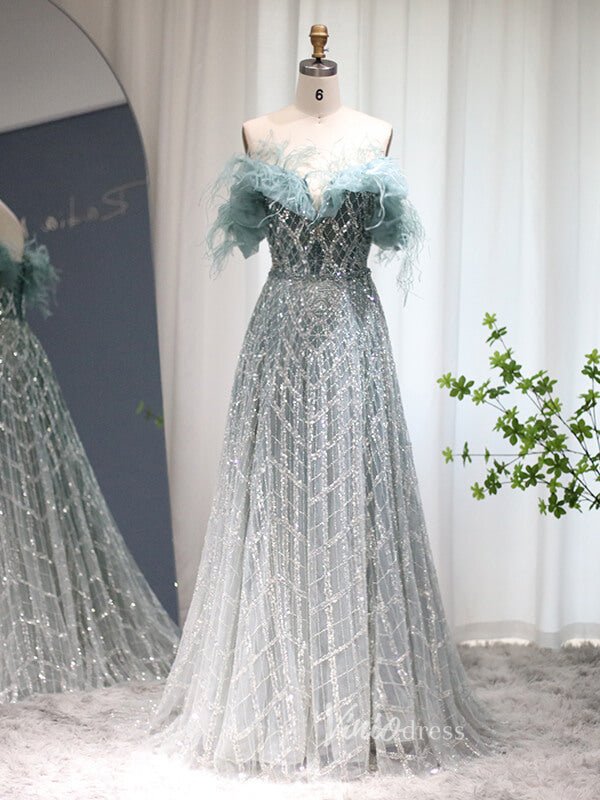 Shimmer Beaded Lace Prom Dresses Off the Shoulder Evening Dress 20082-Evening Dresses 2025 -Viniodress-Light Green-US 2-