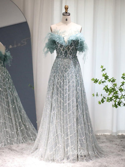 Shimmer Beaded Lace Prom Dresses Off the Shoulder Evening Dress 20082-Evening Dresses 2025 -Viniodress-Light Green-US 2-