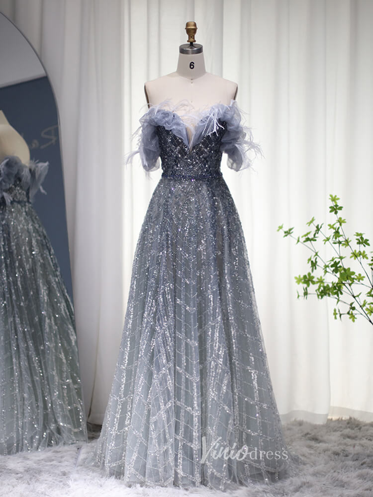 Shimmer Beaded Lace Prom Dresses Off the Shoulder Evening Dress 20082-Evening Dresses 2025 -Viniodress-Dusty Blue-US 2-