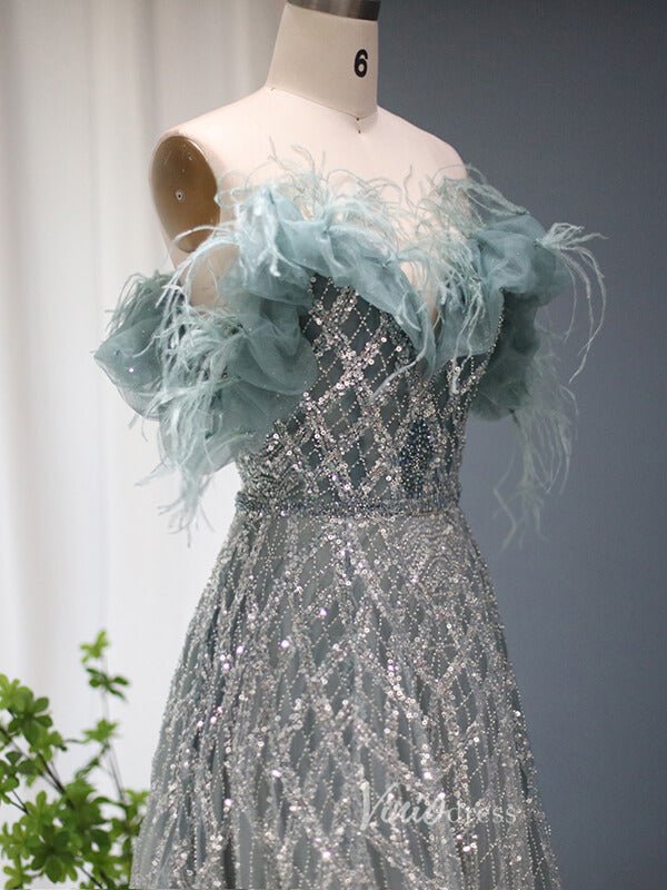 Shimmer Beaded Lace Prom Dresses Off the Shoulder Evening Dress 20082-Evening Dresses 2025 -Viniodress-Light Green-US 2-