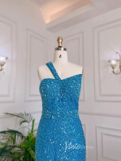 Shimmer Ocean Blue Prom Dresses Beaded Sequin Evening Dress 20074-Evening Dresses 2025 -Viniodress-Blue-US 2-