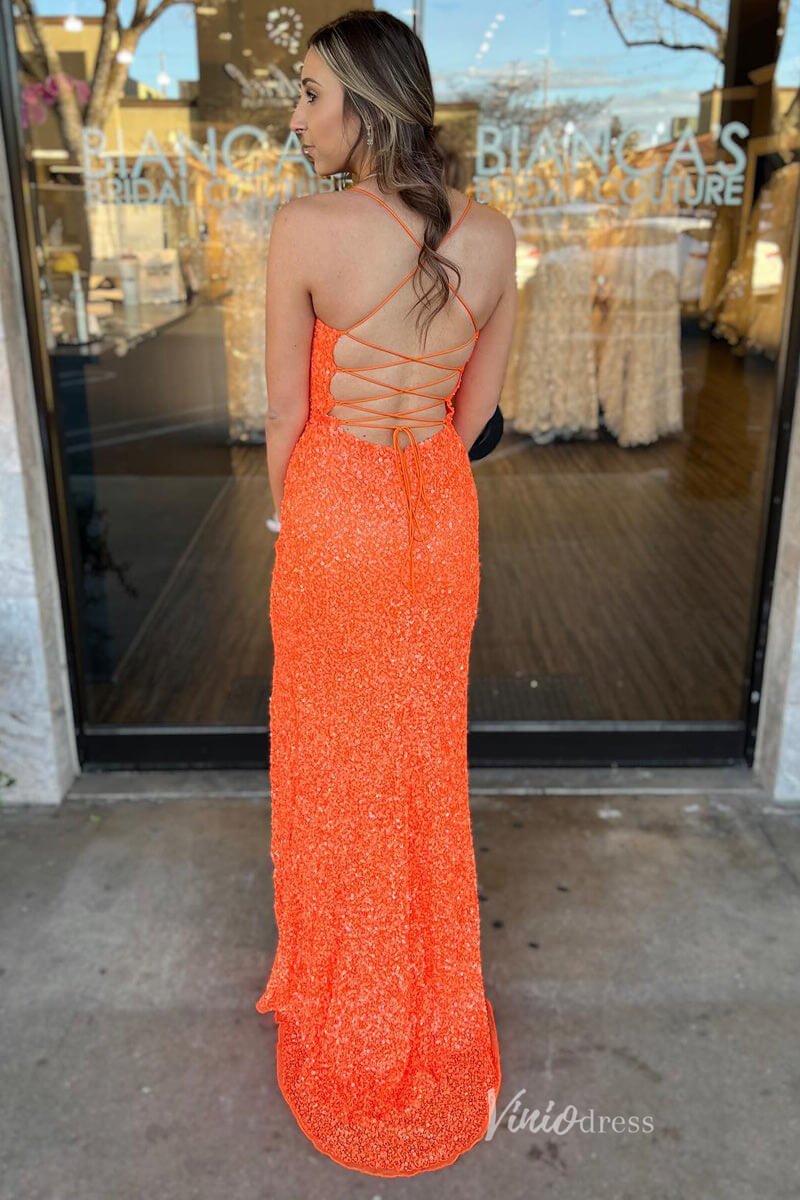 Shimmer Orange Sequin Sheath Prom Dresses with Slit Spaghetti Strap Lace - up Back FD4054 - Viniodressprom dressesOrangeCustom Size - Formal Dresses - Ball Gowns