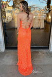 Shimmer Orange Sequin Sheath Prom Dresses with Slit Spaghetti Strap Lace-up Back FD4054-prom dresses-Viniodress-Viniodress