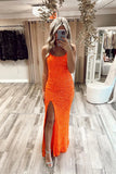 Shimmer Orange Sequin Sheath Prom Dresses with Slit Spaghetti Strap Lace-up Back FD4054