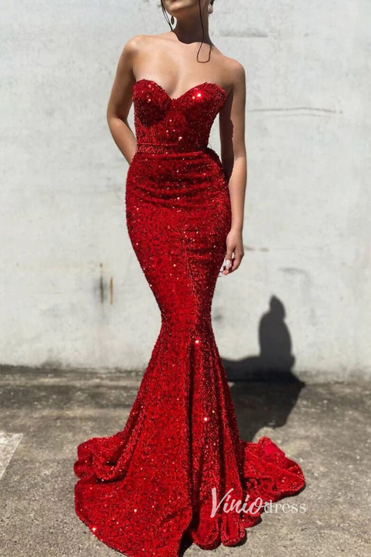 Shimmer Red Sequin Prom Dresses Mermaid Strapless Evening Dress FD3311-prom dresses 2025 -Viniodress-Red-Custom Size-