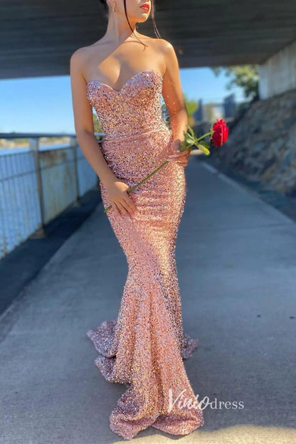 Shimmer Red Sequin Prom Dresses Mermaid Strapless Evening Dress FD3311-prom dresses 2025 -Viniodress-Pink-Custom Size-