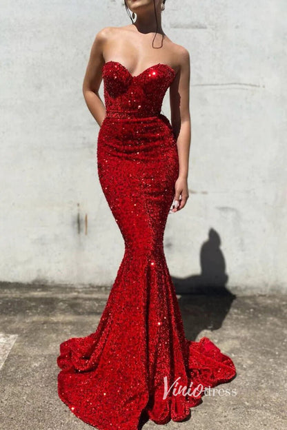 Shimmer Red Sequin Prom Dresses Mermaid Strapless Evening Dress FD3311-prom dresses 2025 -Viniodress-Red-Custom Size-