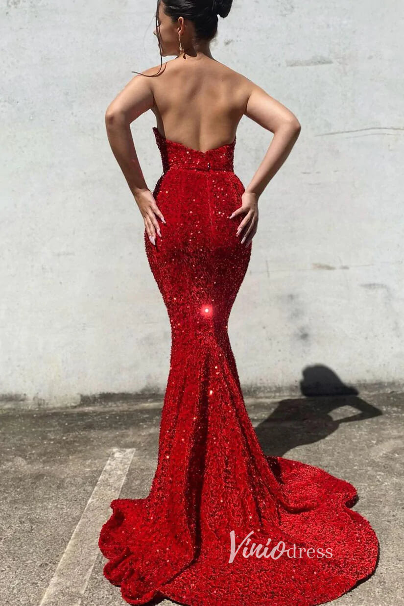 Prom Dress 2025 Shimmer Red Sequin Prom Dresses Mermaid Strapless Evening Dress FD3311-unique prom dresses-Red-Custom Size-Viniodress